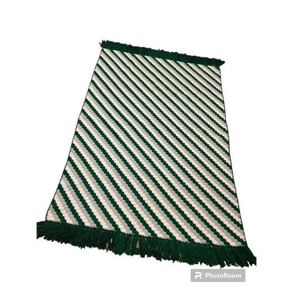 Other - Vtg Crocheted Green White Afghan with Green Fringe 72x45 Retro Cottagecore‎ Boho